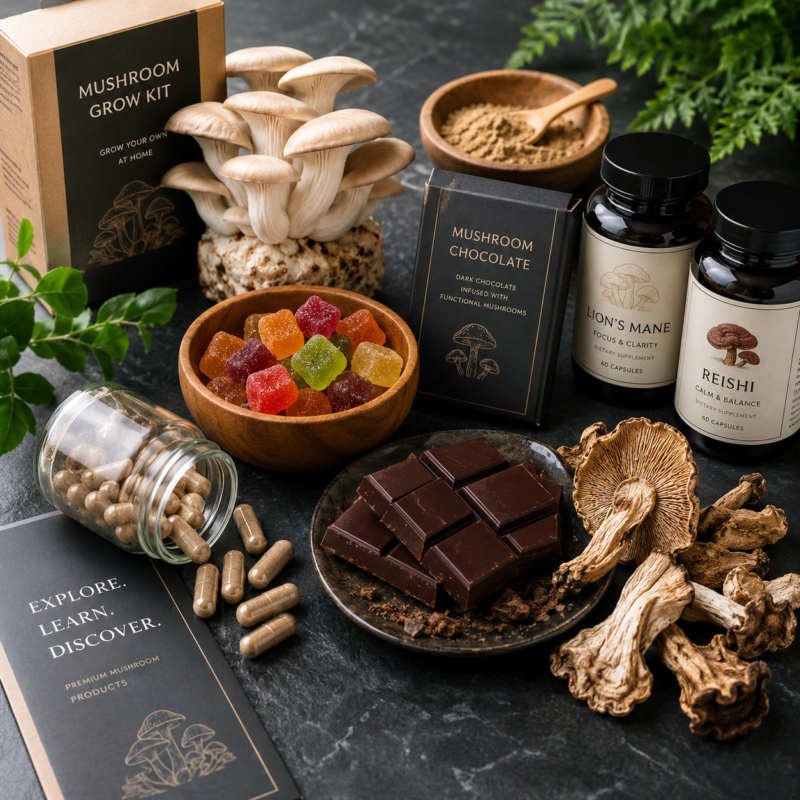 Premium mushroom products in Canada featuring mushroom gummies, capsules, mushroom chocolate, dried mushrooms, grow kits, and functional mushroom supplements.