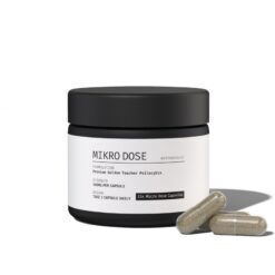 Front view of Mikro Dose brand premium wellness supplement container with custom graphic label
