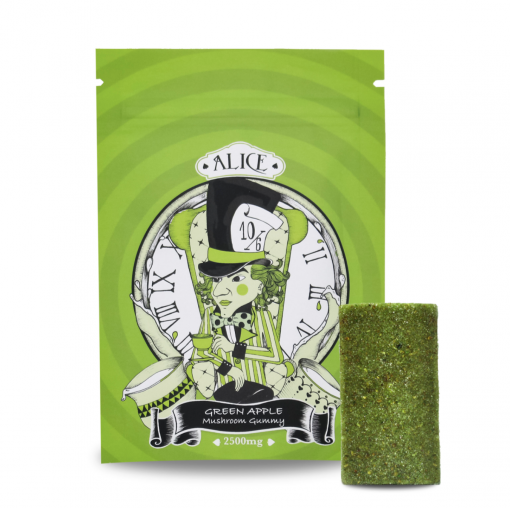 Front view of Alice brand Green Apple flavor two thousand five hundred milligram specialty fruit chew packaging