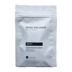 Spore Wellness brand Reset model wellness supplement container with custom graphic label