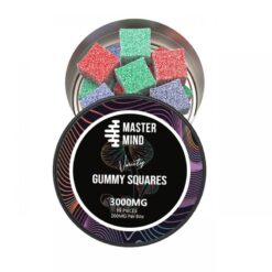 Front view of Mastermind brand Variety pack three thousand milligram assorted specialty fruit chew packagingBack View