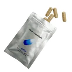 Close up of uniform clear vegetable capsules filled with a finely ground Calm blend botanical powder